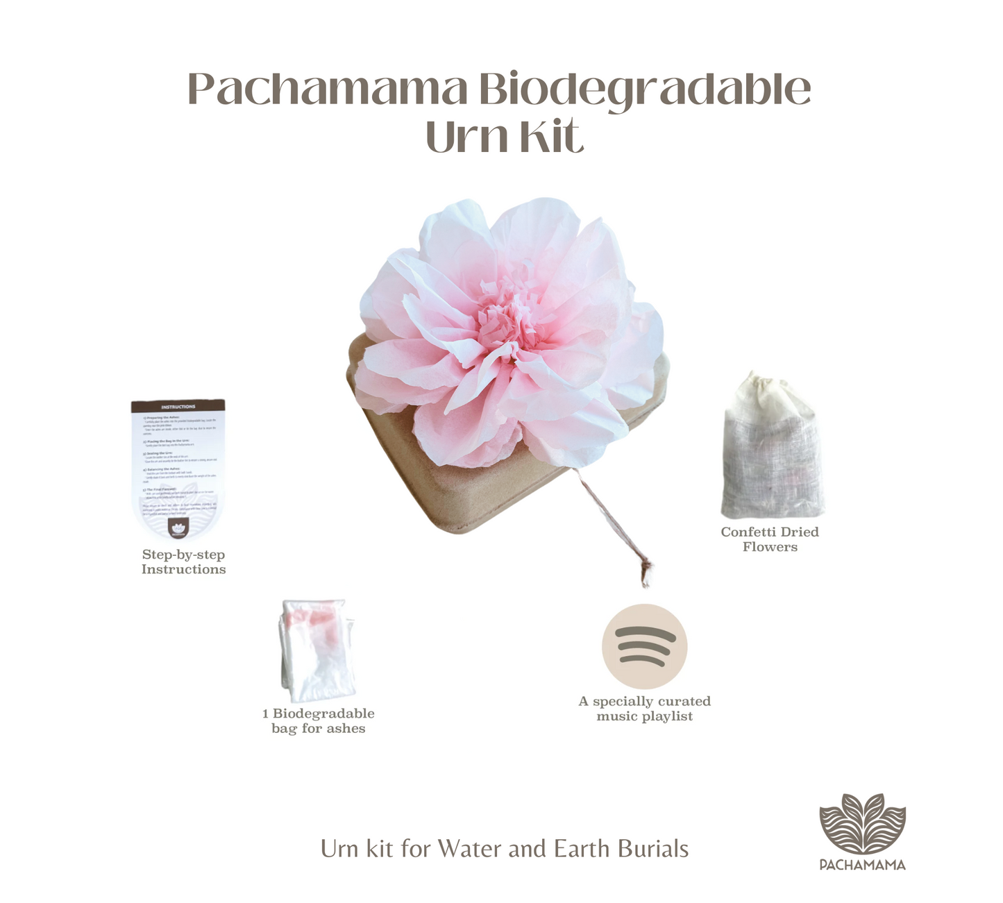 Pachamama Honoring Kit: Biodegradable Urn with Palid Pink Tissue Paper Flower