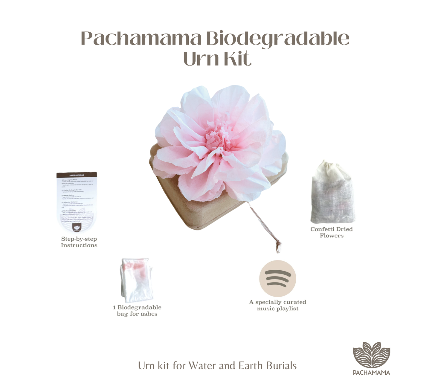 Pachamama Honoring Kit: Biodegradable Urn with pink Tissue Paper Flower